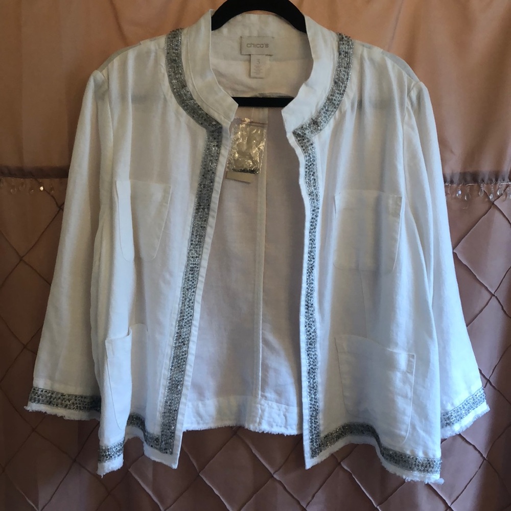 Chico’s 100% linen jacket with beaded trim 3 NWT